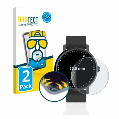 Face avant d’un emballage produit avec le logo de la marque BROTECT. À côté, l’appareil Montres (Circulaire, ø: 33 mm) est rep