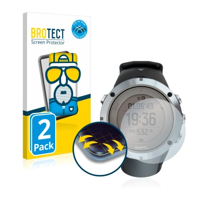 Face avant d’un emballage produit avec le logo de la marque BROTECT. À côté, l’appareil Suunto Ambit3 Peak Sapphire est représ