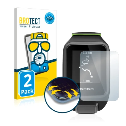 Face avant d’un emballage produit avec le logo de la marque BROTECT. À côté, l’appareil TomTom Runner 3 est représenté avec la