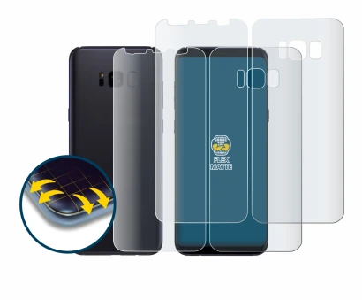 Image de l'appareil Samsung Galaxy S8 (Avant+Arrière) avec une grande variété de protections d'écran.