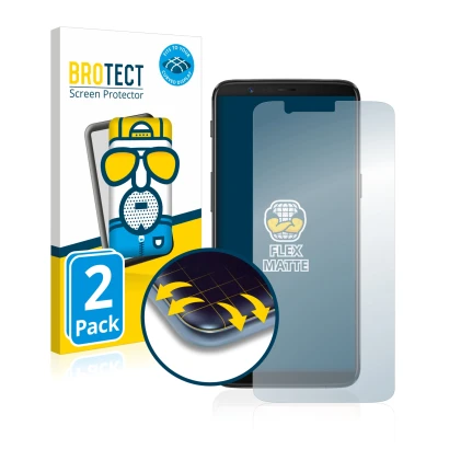 Face avant d’un emballage produit avec le logo de la marque BROTECT. À côté, l’appareil OnePlus 5T est représenté avec la prot