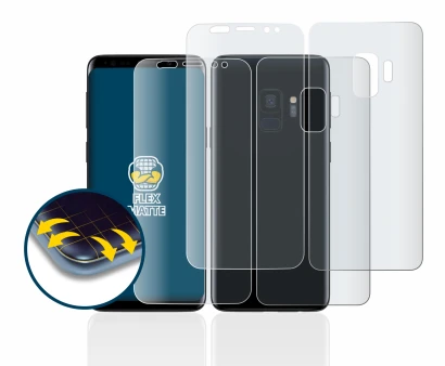 Image de l'appareil Samsung Galaxy S9 (Avant+Arrière) avec une grande variété de protections d'écran.