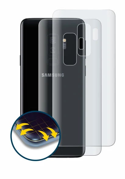Image de l'appareil Samsung Galaxy S9 Plus (Le dos) avec une grande variété de protections d'écran.