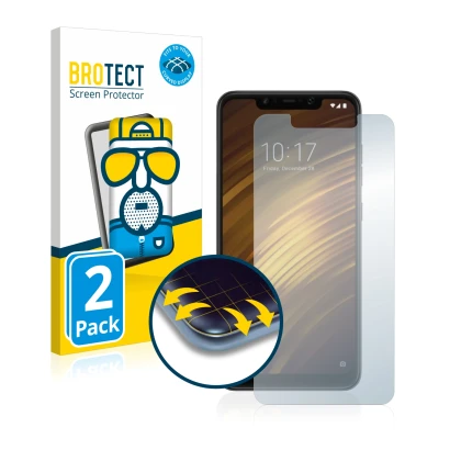 Face avant d’un emballage produit avec le logo de la marque BROTECT. À côté, l’appareil Xiaomi Pocophone F1 est représenté ave