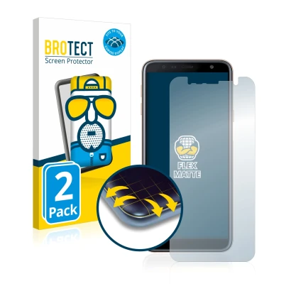 Face avant d’un emballage produit avec le logo de la marque BROTECT. À côté, l’appareil Samsung Galaxy J4 Plus est représenté
