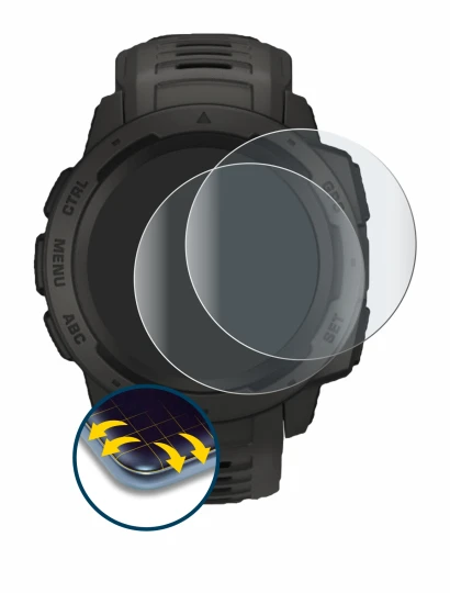 Image de l'appareil Garmin Instinct avec une grande variété de protections d'écran.