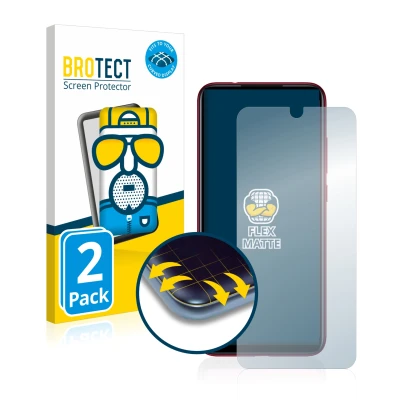 Face avant d’un emballage produit avec le logo de la marque BROTECT. À côté, l’appareil Xiaomi Redmi Note 7 est représenté ave