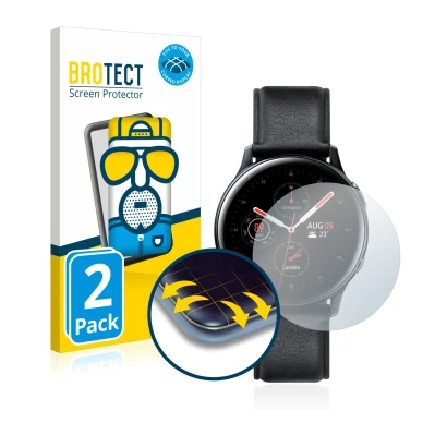 Face avant d’un emballage produit avec le logo de la marque BROTECT. À côté, l’appareil Samsung Galaxy Watch Active 2 (40mm) e