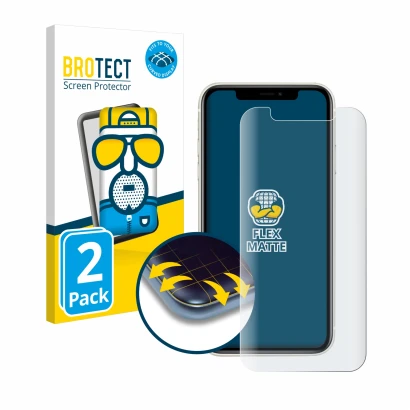 Face avant d’un emballage produit avec le logo de la marque BROTECT. À côté, l’appareil Apple iPhone 11 est représenté avec la