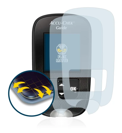 Image de l'appareil Accu-Chek Guide avec une grande variété de protections d'écran.