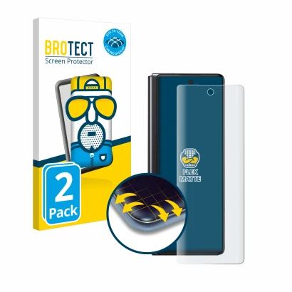 Face avant d’un emballage produit avec le logo de la marque BROTECT. À côté, l’appareil Samsung Galaxy Z Fold 2 5G est représe