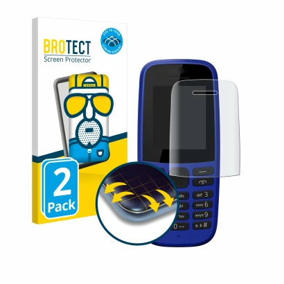Face avant d’un emballage produit avec le logo de la marque BROTECT. À côté, l’appareil Nokia 105 DS 2019 est représenté avec