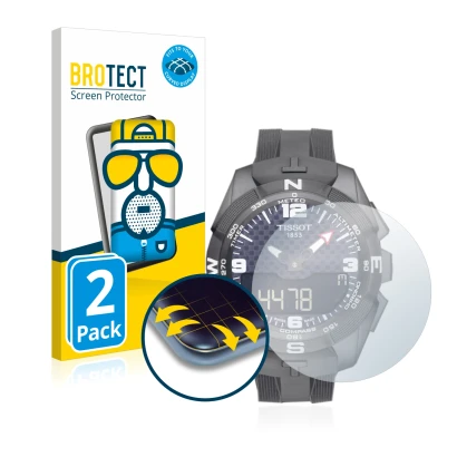 Face avant d’un emballage produit avec le logo de la marque BROTECT. À côté, l’appareil Tissot T-Touch Connect Solar est repré