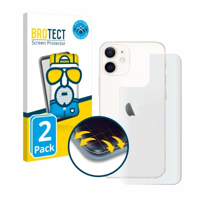 Face avant d’un emballage produit avec le logo de la marque BROTECT. À côté, l’appareil Apple iPhone 12 mini (Arrière) est rep