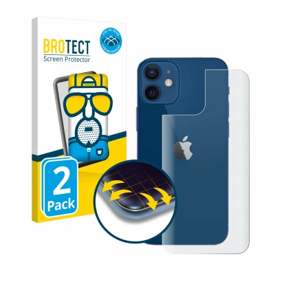 Face avant d’un emballage produit avec le logo de la marque BROTECT. À côté, l’appareil Apple iPhone 12 (Arrière) est représen