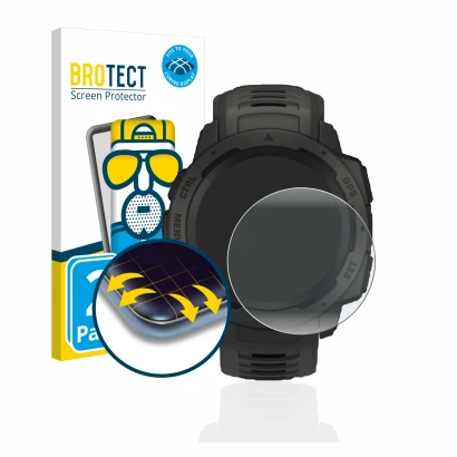 Face avant d’un emballage produit avec le logo de la marque BROTECT. À côté, l’appareil Garmin Instinct Solar est représenté a