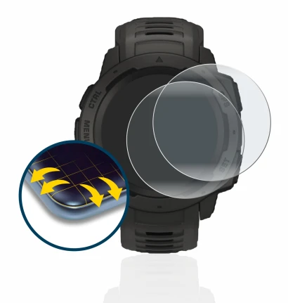 Image de l'appareil Garmin Instinct Solar avec une grande variété de protections d'écran.