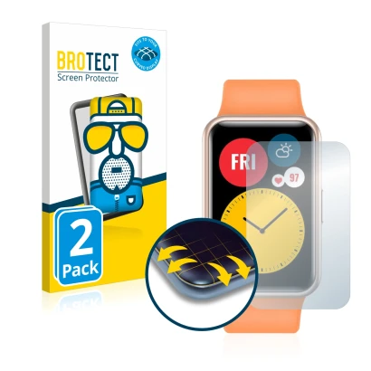 Face avant d’un emballage produit avec le logo de la marque BROTECT. À côté, l’appareil Huawei Watch Fit est représenté avec l