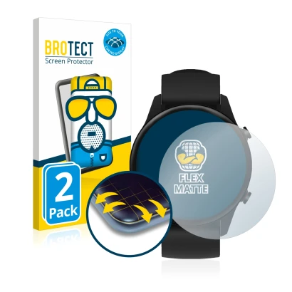 Face avant d’un emballage produit avec le logo de la marque BROTECT. À côté, l’appareil Xiaomi Mi Watch 2021 est représenté av