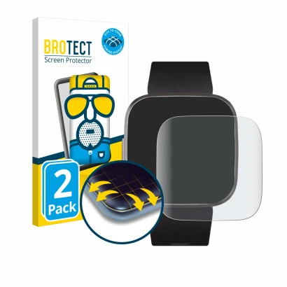 Face avant d’un emballage produit avec le logo de la marque BROTECT. À côté, l’appareil Fitbit Versa 2 Special Edition est rep