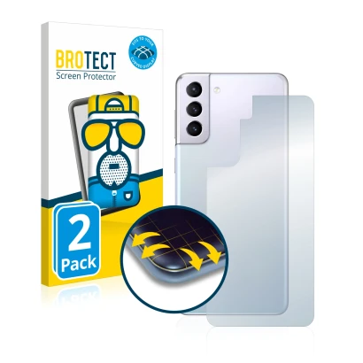 Face avant d’un emballage produit avec le logo de la marque BROTECT. À côté, l’appareil Samsung Galaxy S21 (Arrière) est repré