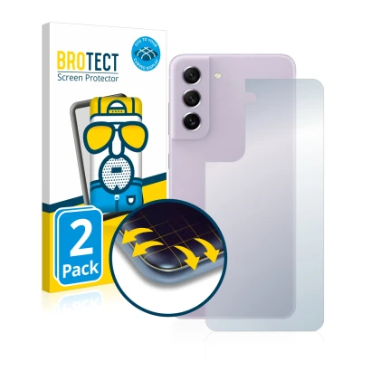 Face avant d’un emballage produit avec le logo de la marque BROTECT. À côté, l’appareil Samsung Galaxy S21 FE 5G (Arrière) est