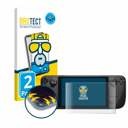 Face avant d’un emballage produit avec le logo de la marque BROTECT. À côté, l’appareil Valve Steam Deck est représenté avec l