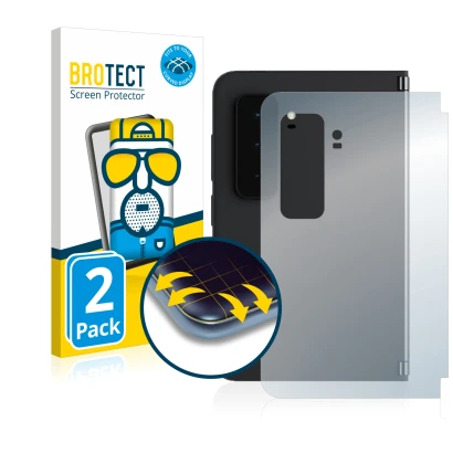 Face avant d’un emballage produit avec le logo de la marque BROTECT. À côté, l’appareil Microsoft Surface Duo 2 (Arrière) est 
