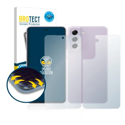 Face avant d’un emballage produit avec le logo de la marque BROTECT. À côté, l’appareil Samsung Galaxy S21 FE 5G (Avant+Arrièr