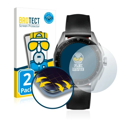 Face avant d’un emballage produit avec le logo de la marque BROTECT. À côté, l’appareil TAG Heuer Connected Calibre E4 (42 mm)