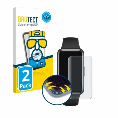 Face avant d’un emballage produit avec le logo de la marque BROTECT. À côté, l’appareil Huawei Band 7 est représenté avec la p