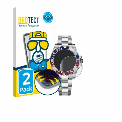 Face avant d’un emballage produit avec le logo de la marque BROTECT. À côté, l’appareil Rolex GMT-Master II est représenté ave