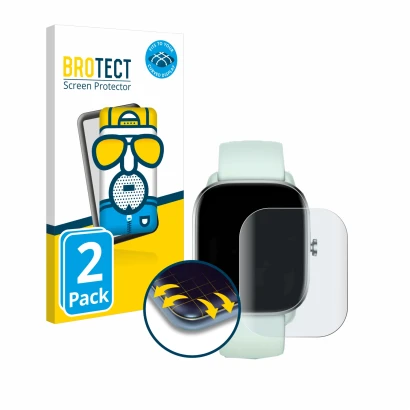 Face avant d’un emballage produit avec le logo de la marque BROTECT. À côté, l’appareil Huami Amazfit GTS 4 Mini est représent