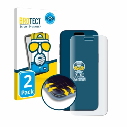 Face avant d’un emballage produit avec le logo de la marque BROTECT. À côté, l’appareil Apple iPhone 14 Pro Max est représenté