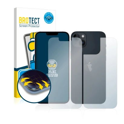 Face avant d’un emballage produit avec le logo de la marque BROTECT. À côté, l’appareil Apple iPhone 14 (Avant+Arrière) est re