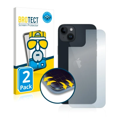 Face avant d’un emballage produit avec le logo de la marque BROTECT. À côté, l’appareil Apple iPhone 14 Plus (Arrière) est rep