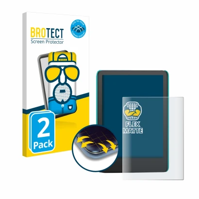 Face avant d’un emballage produit avec le logo de la marque BROTECT. À côté, l’appareil Amazon Kindle Kids (2022) est représen