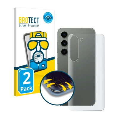 Face avant d’un emballage produit avec le logo de la marque BROTECT. À côté, l’appareil Samsung Galaxy S23 (Arrière) est repré