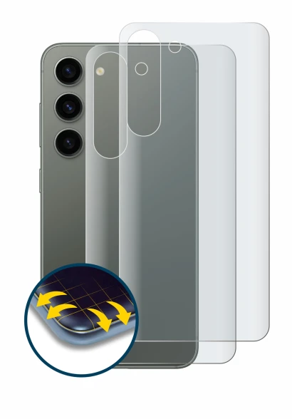 Image de l'appareil Samsung Galaxy S23 (Arrière) avec une grande variété de protections d'écran.