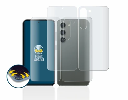 Image de l'appareil Samsung Galaxy S23 (Avant+Arrière) avec une grande variété de protections d'écran.