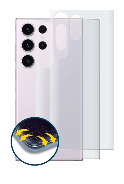 Image de l'appareil Samsung Galaxy S23 Ultra (Arrière) avec une grande variété de protections d'écran.