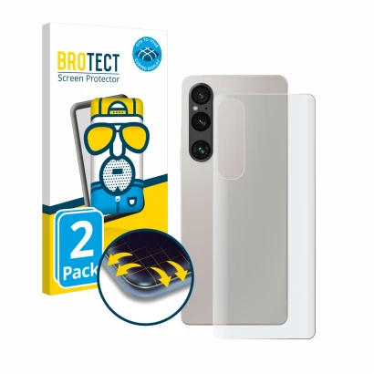 Face avant d’un emballage produit avec le logo de la marque BROTECT. À côté, l’appareil Sony Xperia 1 V (Arrière) est représen