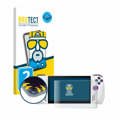 Face avant d’un emballage produit avec le logo de la marque BROTECT. À côté, l’appareil ASUS ROG Ally (2023) RC71L est représe