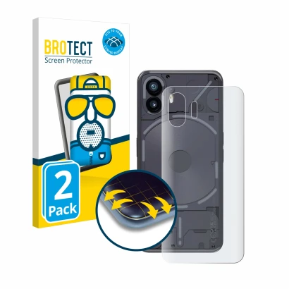 Face avant d’un emballage produit avec le logo de la marque BROTECT. À côté, l’appareil Nothing Phone (2) (Arrière) est représ