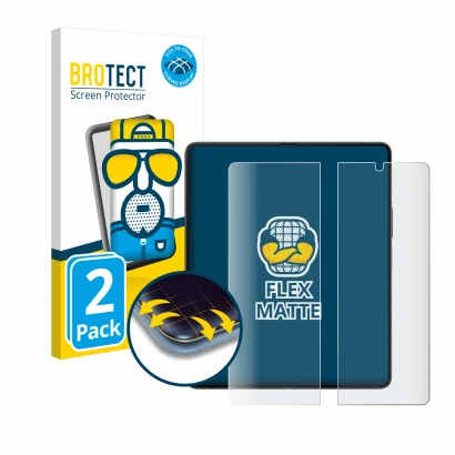 Face avant d’un emballage produit avec le logo de la marque BROTECT. À côté, l’appareil Samsung Galaxy Z Fold 5 (Affichage int