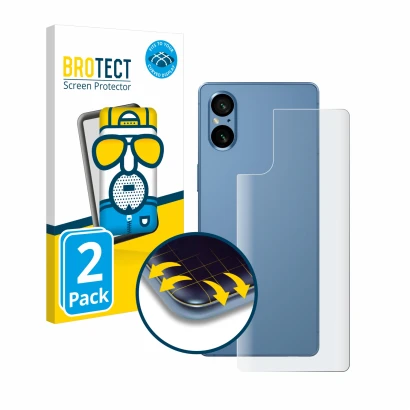 Face avant d’un emballage produit avec le logo de la marque BROTECT. À côté, l’appareil Sony Xperia 5 V (Arrière) est représen