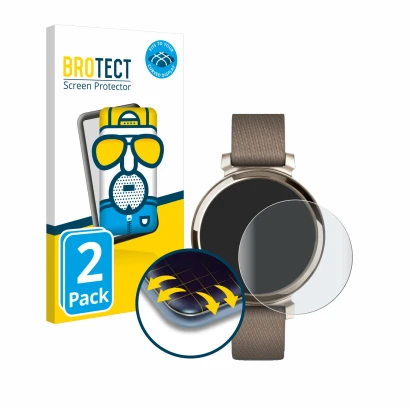 Face avant d’un emballage produit avec le logo de la marque BROTECT. À côté, l’appareil Garmin Lily 2 est représenté avec la p