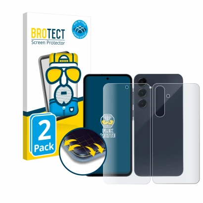 Face avant d’un emballage produit avec le logo de la marque BROTECT. À côté, l’appareil Samsung Galaxy A55 5G (Avant+Arrière) 