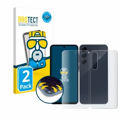 Face avant d’un emballage produit avec le logo de la marque BROTECT. À côté, l’appareil Samsung Galaxy A35 5G (Avant+Arrière) 