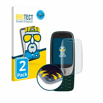 Face avant d’un emballage produit avec le logo de la marque BROTECT. À côté, l’appareil Nokia 6310 (2024) est représenté avec